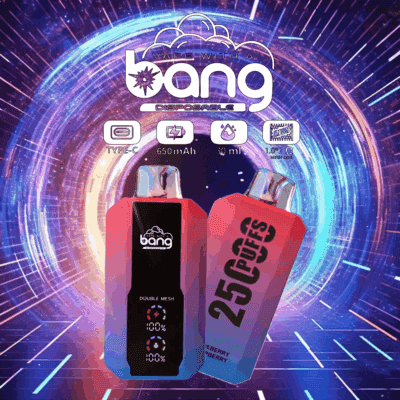 Grafik som visar två engångsvape-enheter från Bang, med en färgstark bakgrund med virvlande effekter, visar specifikationer som Type-C-laddning, 650 mAh batteri och 30 ml kapacitet, tillsammans med en framträdande etikett som indikerar "25 000 bloss."