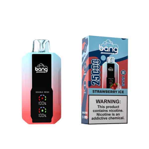 Neben der Verpackung ist ein Einweg-Vaporizer mit einem rot-blauen Farbverlaufsdesign zu sehen, das mit "Strawberry Ice" beschriftet ist und eine Kapazität von 25 Zügen angibt. Das Gerät verfügt über ein digitales Display, das den Batteriestand anzeigt und vor Nikotin warnt.
