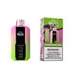 Ein farbenfrohes Einweg-Vape-Gerät mit einem Farbverlauf in Rosa und Grün, mit der Aufschrift "Bang", neben der Verpackung mit der Geschmacksrichtung "Erdbeer-Kiwi" und einem Warnhinweis zur Nikotinsucht.