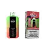 Ein Einweg-Vaporizer mit einem Farbverlauf von Grün zu Rosa und einer schwarzen Vorderseite mit dem Markenlogo "Bang" und Batterieanzeigen, neben der Verpackung, auf der die Geschmacksrichtung "Strawberry Watermelon" hervorgehoben ist, "25 Puffs" sowie eine Warnung vor Nikotin.