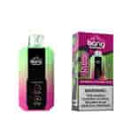 Ein Einweg-Vaporizer mit einem Farbverlauf von Grün zu Rosa und einer schwarzen Vorderseite mit zwei Kontrollleuchten. Daneben befindet sich ein Kästchen mit der Aufschrift "Watermelon Bubble Gum", das die Eigenschaften des Produkts hervorhebt, darunter "25 Puffs" und eine Warnung vor Nikotin.