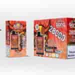 Bang engångs vape-produktförpackning med en djärv röd demonisk ansiktsillustration, märkt "Blood And Sand" med detaljer om 2800 puffar, mesh-spole, uppladdningsbart batteri och en nikotinvarning.