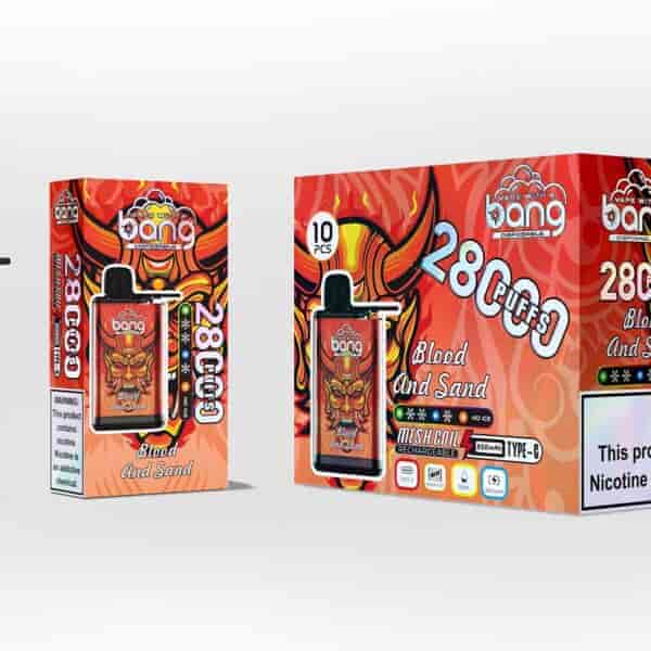 Bang engångs vape-produktförpackning med en djärv röd demonisk ansiktsillustration, märkt "Blood And Sand" med detaljer om 2800 puffar, mesh-spole, uppladdningsbart batteri och en nikotinvarning.