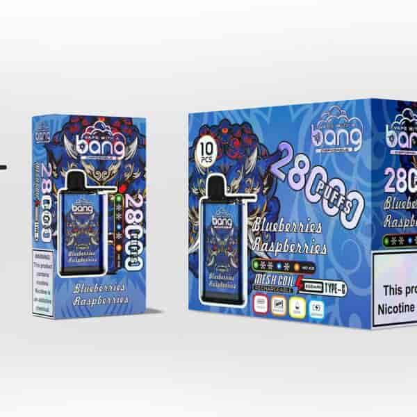 Bang engångsvapeförpackning och enhet i smak av blåbär hallon, med en djärv blå design med en stiliserad varelseillustration, produktspecifikationer och en nikotinvarningsetikett.