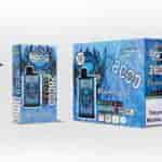 Förpackning och en produktvisning för Bang engångsvape i smaken Blueberry Ice, med en stiliserad blå skallegrafik, framträdande text som annonserar 28 000 puffar, mesh-spole, uppladdningsbart batteri och flera varningsetiketter om nikotininnehåll.