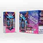 Bang engångsvapeförpackning och enhet med en djärv, färgglad monsteransiktsdesign, märkt "Mixed Fruit" och "28000 Puffs", med produktvarningar om nikotin och olika produktspecifikationer.