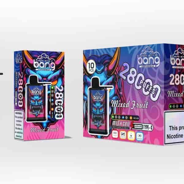 Bang engångsvapeförpackning och enhet med en djärv, färgglad monsteransiktsdesign, märkt "Mixed Fruit" och "28000 Puffs", med produktvarningar om nikotin och olika produktspecifikationer.