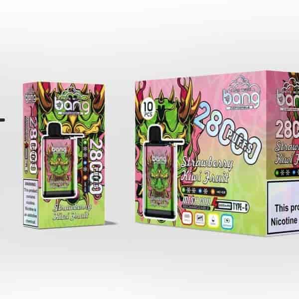 Bang engångsvapeförpackning och enhet för jordgubbskiwifruktsmak, med en färgglad drakeillustration, fet text med smak och blossantal (2800 bloss) och en varningsetikett för nikotin.