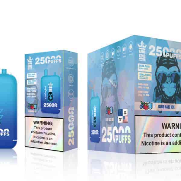 Vape packaging featuring a blue pod labeled "Bang King," promising 25,000 puffs with a flavor called "Blue Razz Ice." The box includes warning labels about nicotine addiction and product details.