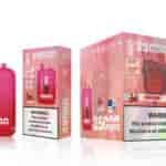 A pink vape device and packaging labeled "Bang King" prominently displaying "25,000 PUFFS" and "CHERRY BOMB," with a warning about nicotine. The device features a design with a gorilla wearing sunglasses.