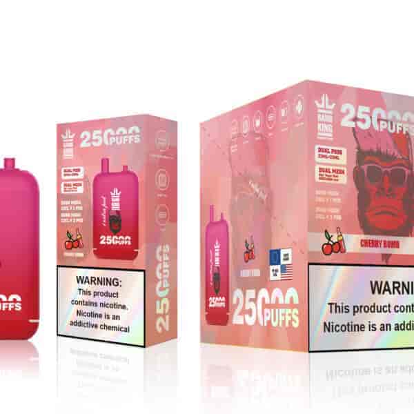 A pink vape device and packaging labeled "Bang King" prominently displaying "25,000 PUFFS" and "CHERRY BOMB," with a warning about nicotine. The device features a design with a gorilla wearing sunglasses.