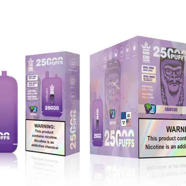 A purple vape device labeled "Bang King" is shown alongside its packaging. The packaging highlights "25000 PUFFS", details about dual mesh coils, and flavor information indicating "Grape Ice". A warning label about nicotine is prominently displayed.