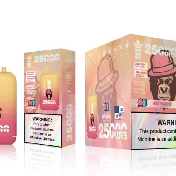A yellow and pink vape device labeled "Bang King" with a cartoon gorilla wearing a pink hat, alongside its packaging which states "25000 PUFFS" and "Juicy Peach Ice". A warning label about nicotine is prominently displayed.