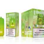 A bright green vape device titled "Bang King" with a cartoon gorilla logo on the front, accompanied by packaging that features similar colors and graphics, including the text "25000 PUFFS" and a warning about nicotine. The flavor indicated is "Sour Apple Ice."
