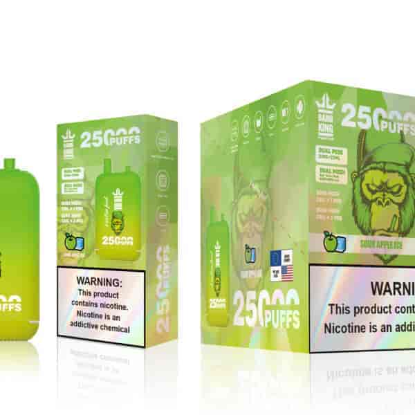 A bright green vape device titled "Bang King" with a cartoon gorilla logo on the front, accompanied by packaging that features similar colors and graphics, including the text "25000 PUFFS" and a warning about nicotine. The flavor indicated is "Sour Apple Ice."