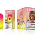 A colorful vape device with a gradient design from pink to yellow, featuring a gorilla logo, labeled "Bang King" and "Strawberry Banana," alongside packaging that states "25,000 PUFFS" and various product information and warnings about nicotine.