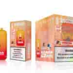 A yellow and red e-cigarette device labeled "Bang King" with a graphic of a gorilla, alongside a colorful box displaying information about the product and a warning about nicotine.