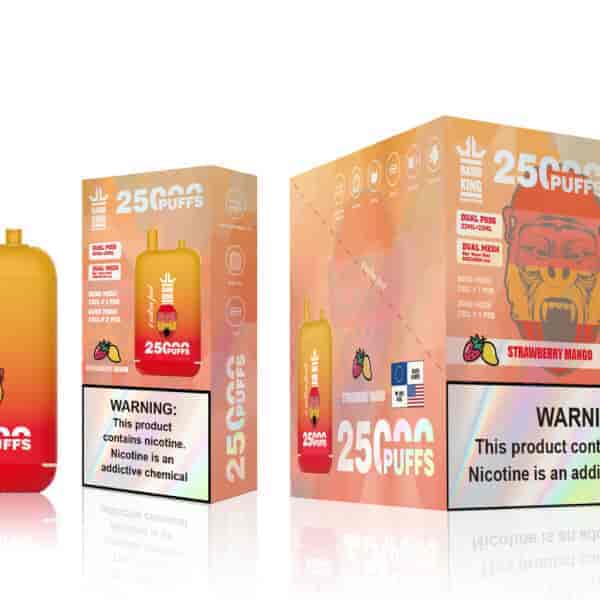 A yellow and red e-cigarette device labeled "Bang King" with a graphic of a gorilla, alongside a colorful box displaying information about the product and a warning about nicotine.