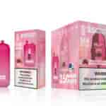 A bright pink vape device with the brand name "Bang King" prominently displayed, along with packaging featuring graphics of strawberries and a gorilla face. The box highlights "25000 PUFFS" and "STRAWBERRY WATERMELON" flavor, and includes a warning about nicotine.