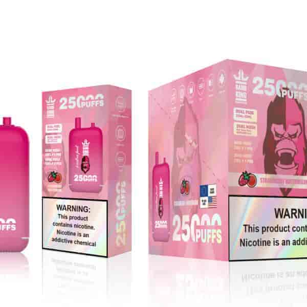 A bright pink vape device with the brand name "Bang King" prominently displayed, along with packaging featuring graphics of strawberries and a gorilla face. The box highlights "25000 PUFFS" and "STRAWBERRY WATERMELON" flavor, and includes a warning about nicotine.