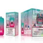 A teal and pink vape pod with an illustration of a monkey, labeled "Bang King," alongside its packaging that indicates it offers "25,000 puffs" and features the flavor "Triple Berry Ice." A warning label about nicotine is visible on the packaging.