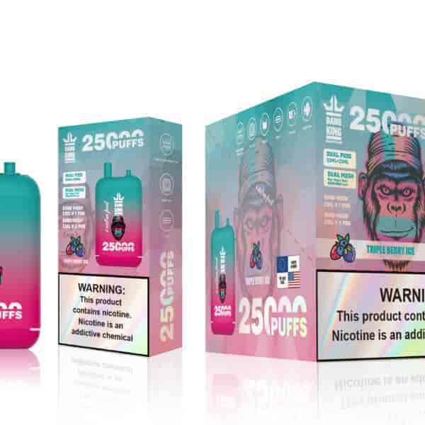 A teal and pink vape pod with an illustration of a monkey, labeled "Bang King," alongside its packaging that indicates it offers "25,000 puffs" and features the flavor "Triple Berry Ice." A warning label about nicotine is visible on the packaging.