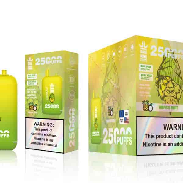 A yellow vaping device labeled "Bang King" with a tropical fruit flavor, displayed beside its box featuring similar branding and a warning about nicotine. The box mentions it offers 25,000 puffs and includes details about dual pods and mesh coils.