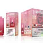 A pink vape device labeled "Bang King Extra Pod" with the text "25,000 Puffs" and a warning about nicotine, displayed in front of a matching colorful box featuring the same branding and a flavor label "Watermelon Ice."