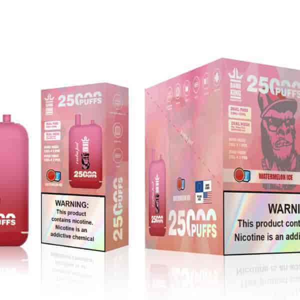 A pink vape device labeled "Bang King Extra Pod" with the text "25,000 Puffs" and a warning about nicotine, displayed in front of a matching colorful box featuring the same branding and a flavor label "Watermelon Ice."