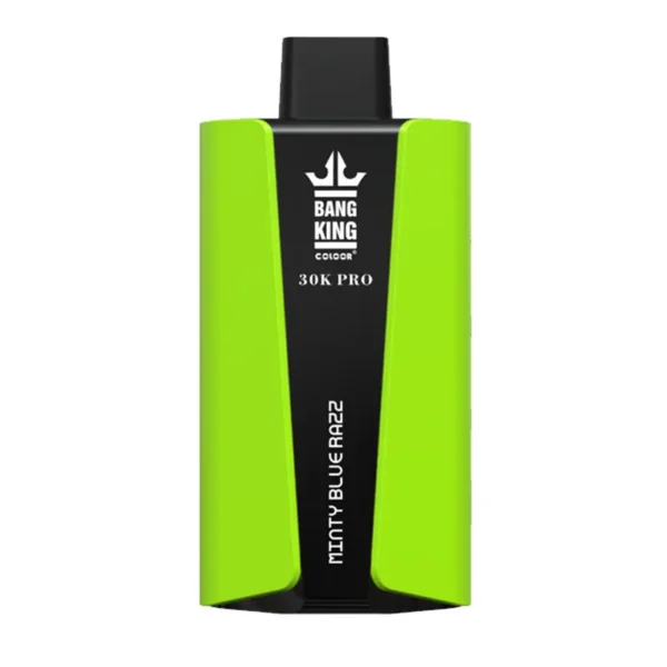 Un appareil de vape vert et noir étiqueté " BANG KING COLOR 30K PRO " avec la saveur " MINTY BLUE RAZZ "."