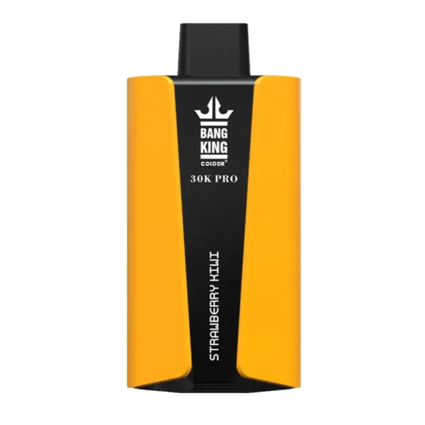 Un appareil de vape au design jaune et noir, étiqueté " BANG KING 30K PRO " et " STRAWBERRY KIWI "."