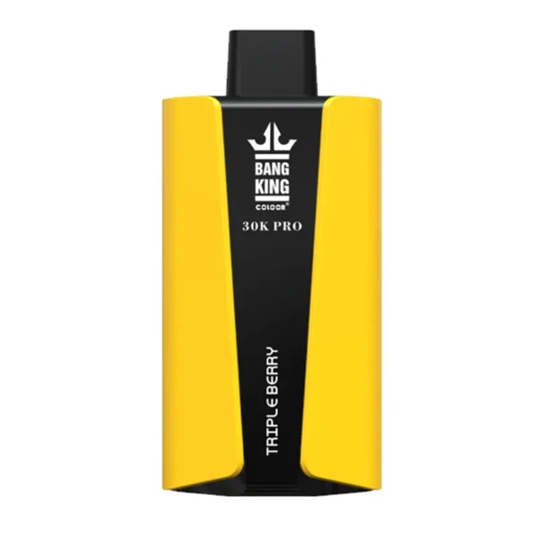 Un appareil de vapotage jaune et noir étiqueté " BANG KING 30K PRO " avec " TRIPLE BERRY " écrit sur le devant.