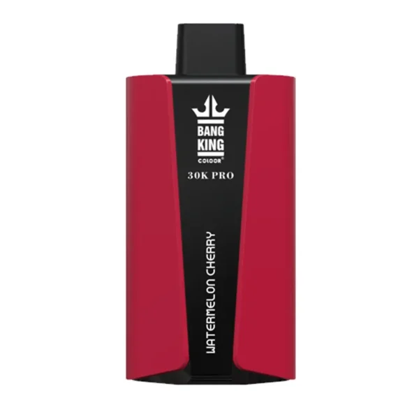 Un appareil de vape rouge et noir étiqueté " BANG KING 30K PRO " avec la description de la saveur " WATERMELON CHERRY " sur le devant.