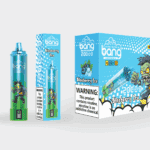 Envase para vapeo desechable Blueberry Ice que presenta un personaje zombie de dibujos animados de color verde, la marca del producto y una etiqueta de advertencia de nicotina.