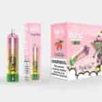 Envase rosa de un producto de vapeo desechable con la etiqueta "Peach Ice", con la marca "Vape with a Bang", una ilustración de un personaje parecido a un duende y "20 caladas" en un lugar destacado.