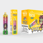 Colorido empaque de producto para vapear para "Bang Blaze" con sabor a "Watermelon Bubblegum", con un personaje de duende de dibujos animados pelirrojo y verde, etiquetas de advertencia sobre la adicción a la nicotina y una mención de "20 inhalaciones"."