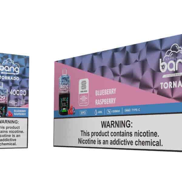 Confezione e dispositivo per vaporizzatore usa e getta Bang Tornado per il gusto Blueberry Raspberry, dotato di display digitale, etichette di avvertenza in evidenza sulla nicotina e caratteristiche evidenziate come volume di 40 ml e 40.000 boccate.