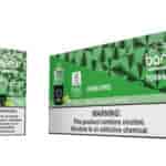 Dispositivo di vaporizzazione usa e getta Bang Tornado Double Apple e la sua confezione verde, che mostra 40.000 boccate, un display digitale, etichette di avvertenza sulla nicotina e immagini di mele.