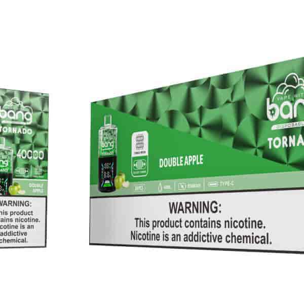 Dispositivo di vaporizzazione usa e getta Bang Tornado Double Apple e la sua confezione verde, che mostra 40.000 boccate, un display digitale, etichette di avvertenza sulla nicotina e immagini di mele.
