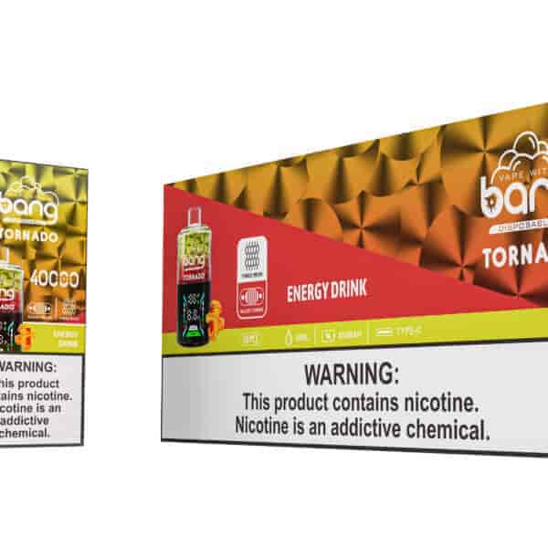 Svapo usa e getta Bang Tornado al gusto Energy Drink mostrato con la sua confezione, evidenziando 40.000 tiri, volume 40ml, batteria 850mAh, ricarica Type-C e un'etichetta di avvertenza sulla nicotina.