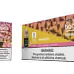 Dispositivo di vaporizzazione usa e getta Bang Tornado e confezione al gusto di mango e pesca, con marchio in evidenza, immagine del prodotto ed etichetta di avvertenza sulla nicotina.