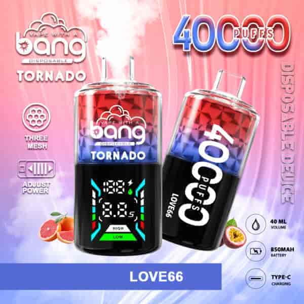 Una colorata grafica promozionale per un dispositivo di vaporizzazione usa e getta chiamato "Bang Tornado", contenente un testo che indica che offre 40.000 boccate, impostazioni di potenza regolabili e ha una capacità di 40 ml con una batteria da 850 mAh. Sono incluse immagini di frutti e il design ha uno sfondo sfumato.