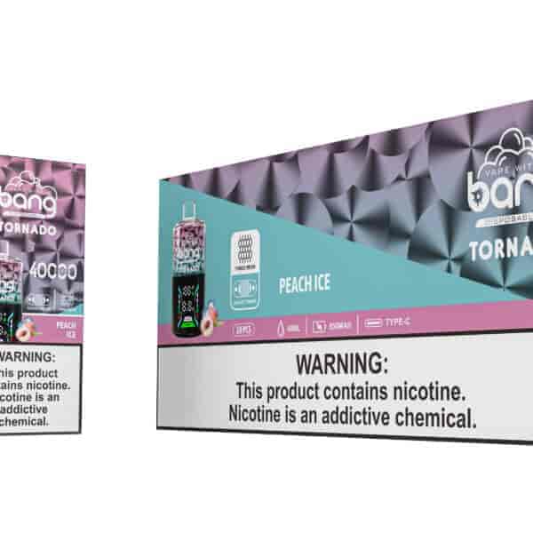 Prodotto per vaporizzazione usa e getta Bang Tornado e confezione nel gusto Peach Ice, che mostra un dispositivo con display LED e caratteristiche etichettate come 40.000 boccate, volume di 40 ml, batteria da 850 mAh, batteria ricaricabile di tipo C e un'etichetta di avvertenza sulla nicotina ben visibile.
