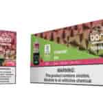 Vape usa e getta Bang Tornado al gusto fragola e kiwi, mostrato con il singolo dispositivo, scatola del prodotto e confezione espositiva per la vendita al dettaglio con design colorati, specifiche chiave ed etichette di avvertenza sulla nicotina.
