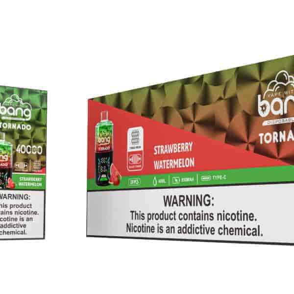 Il vaporizzatore usa e getta Bang Tornado al gusto di fragola e anguria, mostrato come un singolo dispositivo, una scatola del prodotto e una scatola di spedizione più grande, il tutto con un marchio in grassetto, un'etichetta da 40.000 boccate e un avviso sulla nicotina.