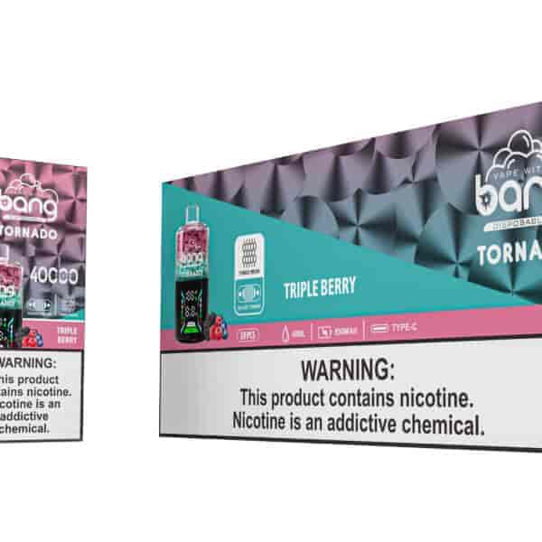 Confezione e dispositivo del prodotto da svapo Bang Disposable Tornado Triple Berry con volume di 40 ml, batteria da 850 mAh, ricarica di tipo C e un avviso che il prodotto contiene nicotina e crea dipendenza.