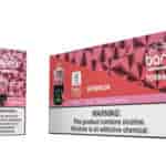 Confezione di vaporizzatori usa e getta Bang Tornado al gusto di anguria, caratterizzata da uno sfondo geometrico rosa, immagini del dispositivo di vaporizzazione, fette di anguria e chiare avvertenze sul contenuto di nicotina.