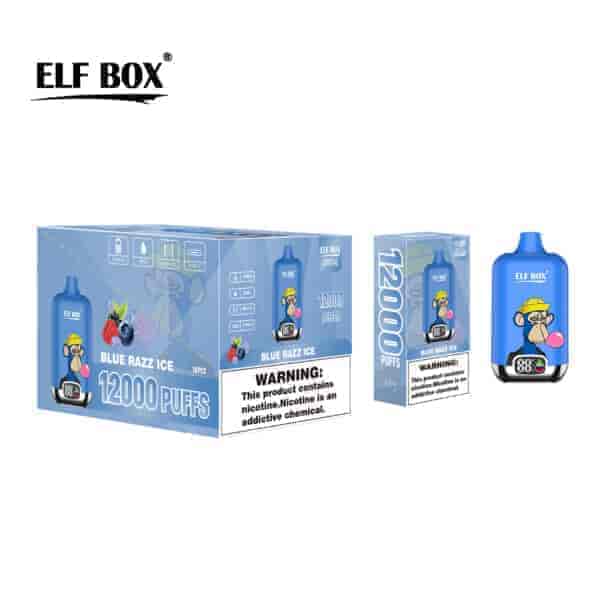 Niebieskie pudełko oznaczone "ELF BOX" zawiera produkt do waporyzacji o nazwie "BLUE RAZZ ICE" z grafiką przedstawiającą małpę z kreskówek. Na pudełku widnieje informacja, że oferuje "12000 PUFFS" i zawiera ostrzeżenie dotyczące nikotyny. Obok znajduje się pojedyncze niebieskie urządzenie do waporyzacji z tym samym rysunkiem małpy z kreskówek.
