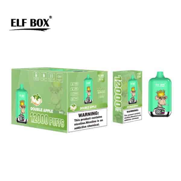Zielone pudełko z etykietą "ELF BOX" prezentujące smak "DOUBLE APPLE", zawierające dziesięć urządzeń waporyzujących, z których każde może dostarczyć 12 000 zaciągnięć. Pudełko zawiera rysunkową małpę i etykiety ostrzegawcze dotyczące nikotyny, którym po prawej stronie towarzyszy obraz pojedynczego urządzenia do waporyzacji.