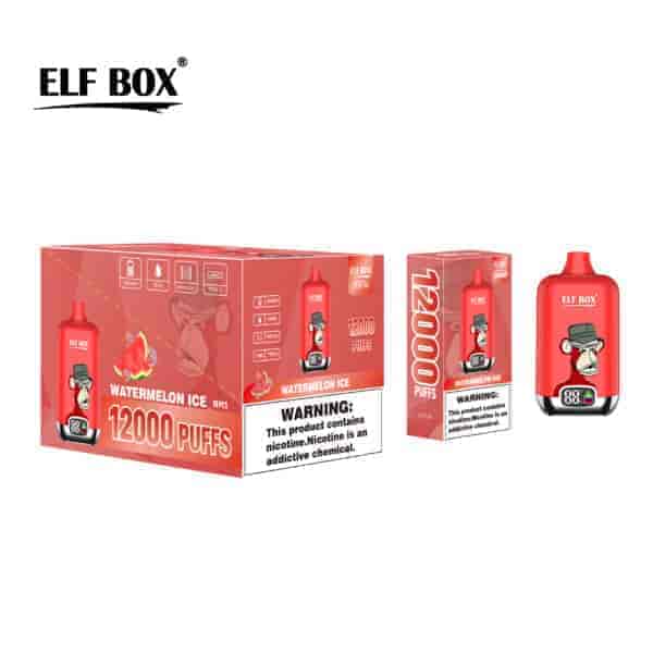 Czerwone pudełko z napisem "ELF BOX" z wzorem jednorazowych waporyzatorów "WATERMELON ICE", z oznaczeniem "12000 PUFFS" i ostrzeżeniem o nikotynie. Obok pudełka znajduje się urządzenie do waporyzacji z podobnym czerwonym wzorem i ilustracją kreskówkowej małpy.